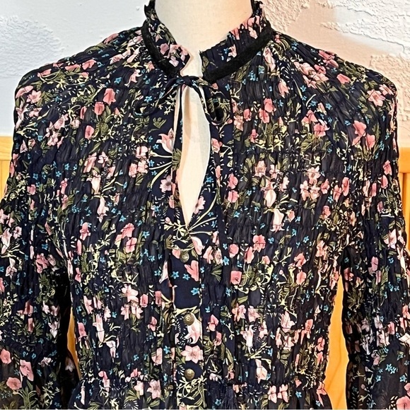 Essue Black Floral Print Gathered Ruching Top Sz-L - Picture 2 of 13